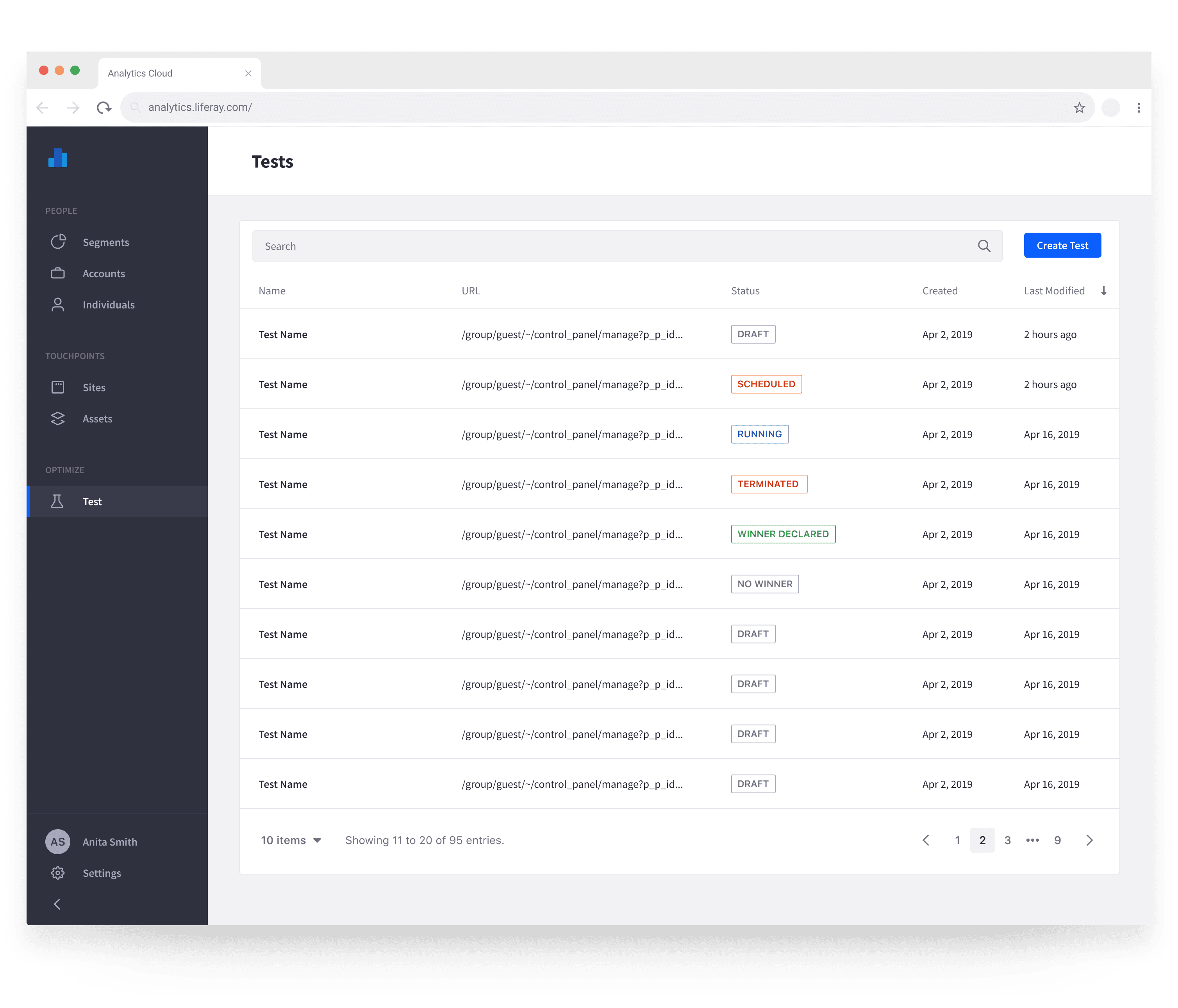 A/B test list interface showing all tests