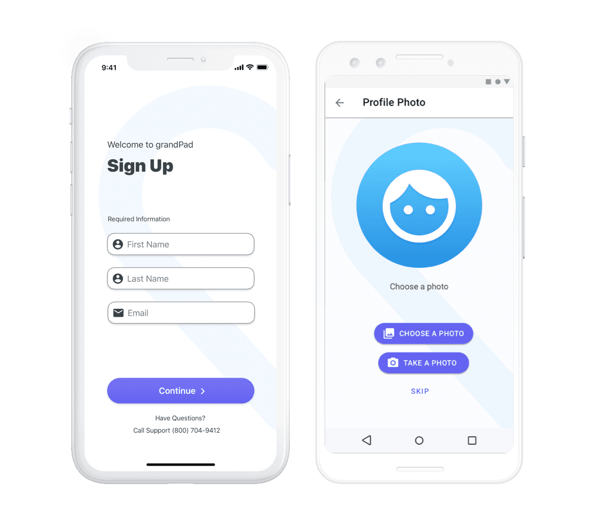 GrandPad app signup and login screens